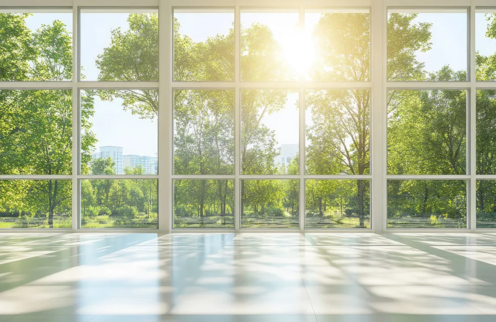 A spacious, sunlit room with floor-to-ceiling windows revealing a green park with trees and distant buildings; sunlight creates shadows on the glossy white floor.