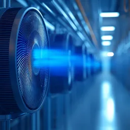 A large industrial fan emits blue light beams in a modern, brightly lit data centre. Rows of similar server equipment extend into the background, creating a symmetrical, high-tech environment.