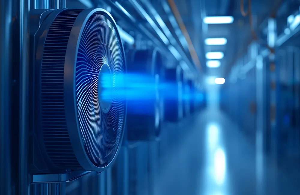 A large industrial fan emits blue light beams in a modern, brightly lit data centre. Rows of similar server equipment extend into the background, creating a symmetrical, high-tech environment.