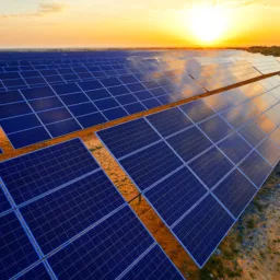 Large array of blue solar panels installed on dry ground, extending into the distance under a clear sky, with the sun low on the horizon casting bright light across the panels.