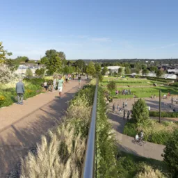 CGI of pedestrianised raised railway green space