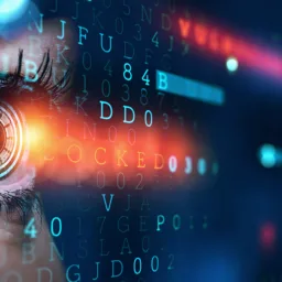 Close up of eye and security coding