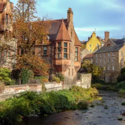 Dean Village architecture in Edinburg, Scotland with autumn season