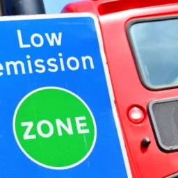 Low emission zone sign in front of a red bus