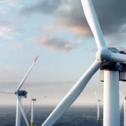 A close-up view of a wind turbine with several other wind turbines in the background, situated in an offshore wind farm. The sky is partly cloudy, and the sea is visible below the turbines.