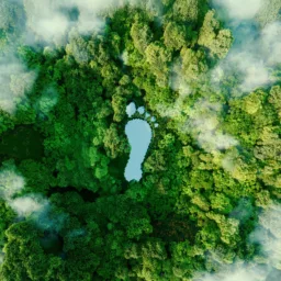 Aerial view of a dense green forest with a blue lake shaped like a human footprint at the center. Mist or clouds partially cover areas of the forest.