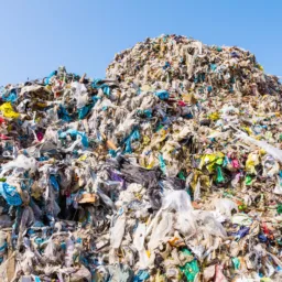 A large, densely packed pile of mixed waste, mainly plastic bags in various colors, sits outdoors beneath a clear blue sky. No people or text are visible in the image.