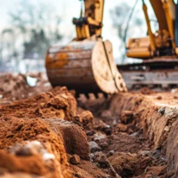 Close-up of a construction site showing a large yellow digger with a metal bucket digging into reddish-brown soil. Deep trenches and loose dirt are visible in the foreground, with blurred trees and equipment in the background.