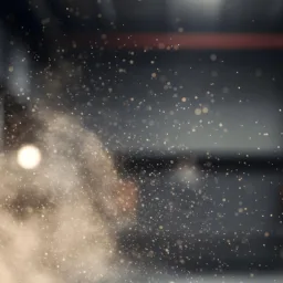 Close‑up of suspended dust particles illuminated against a dark indoor background. Out‑of‑focus round lights appear on the left and right, with structural beams and a shadowed wall visible behind the particles.