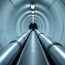 View down a long cylindrical tunnel with smooth segmented walls, illuminated by a row of overhead lights. Two parallel metallic pipes run through the centre toward a dark circular opening in the distance.