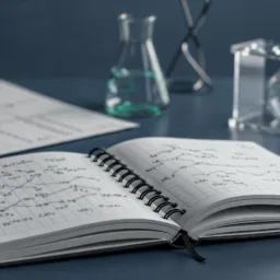 An open spiral‑bound notebook with grid pages displays hand‑drawn chemical structures. Nearby are sheets of paper, a pen, a glass beaker with light‑green liquid, and a rack holding several empty round‑bottom flasks on a lab bench.