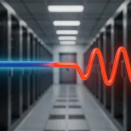 Data centre corridor lined with server racks on both sides, indicator lights visible. A horizontal graphic line runs through the scene, transitioning from straight blue to a red waveform shape, set against the central aisle floor and ceiling lights.