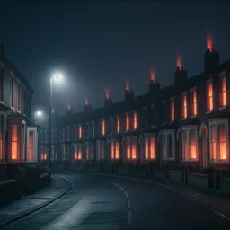 Night-time view of a curved residential street with rows of brick terraced houses. Many windows glow orange, chimneys emit red-lit smoke, and streetlights illuminate an empty, damp road under a dark sky.