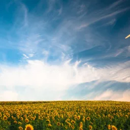 Sprawling field of sunflowers, a wind turbine is in the front right of the image with another just visible in the back left