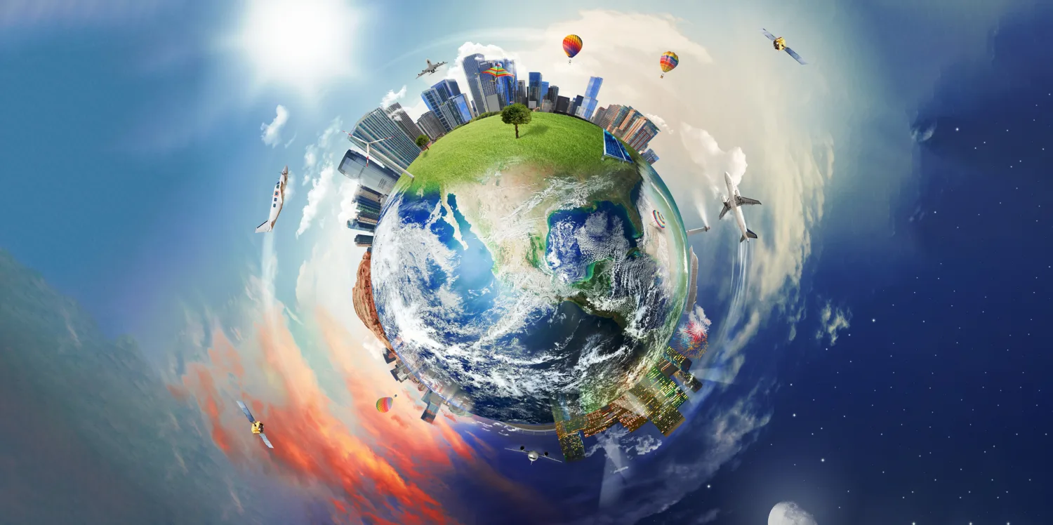 Stylised view of earth surrounded by orbiting objects such as planes and hot air balloons