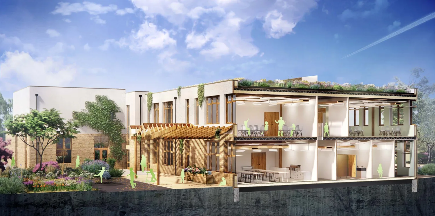 CGI of a cut through of a 2 story building with a wooden trellis with trees and plants surrounding