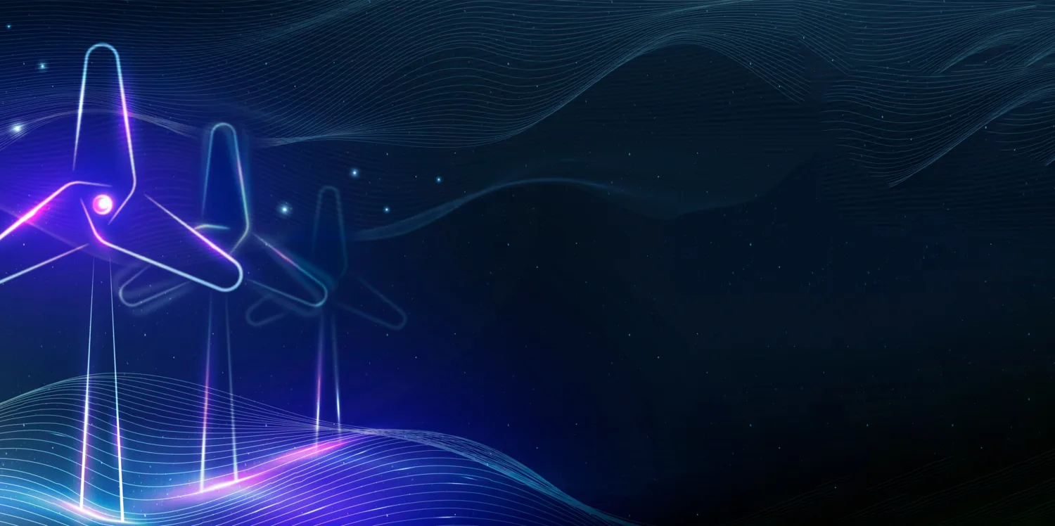 Ditigal illustration of wind turbines against a dark blue background