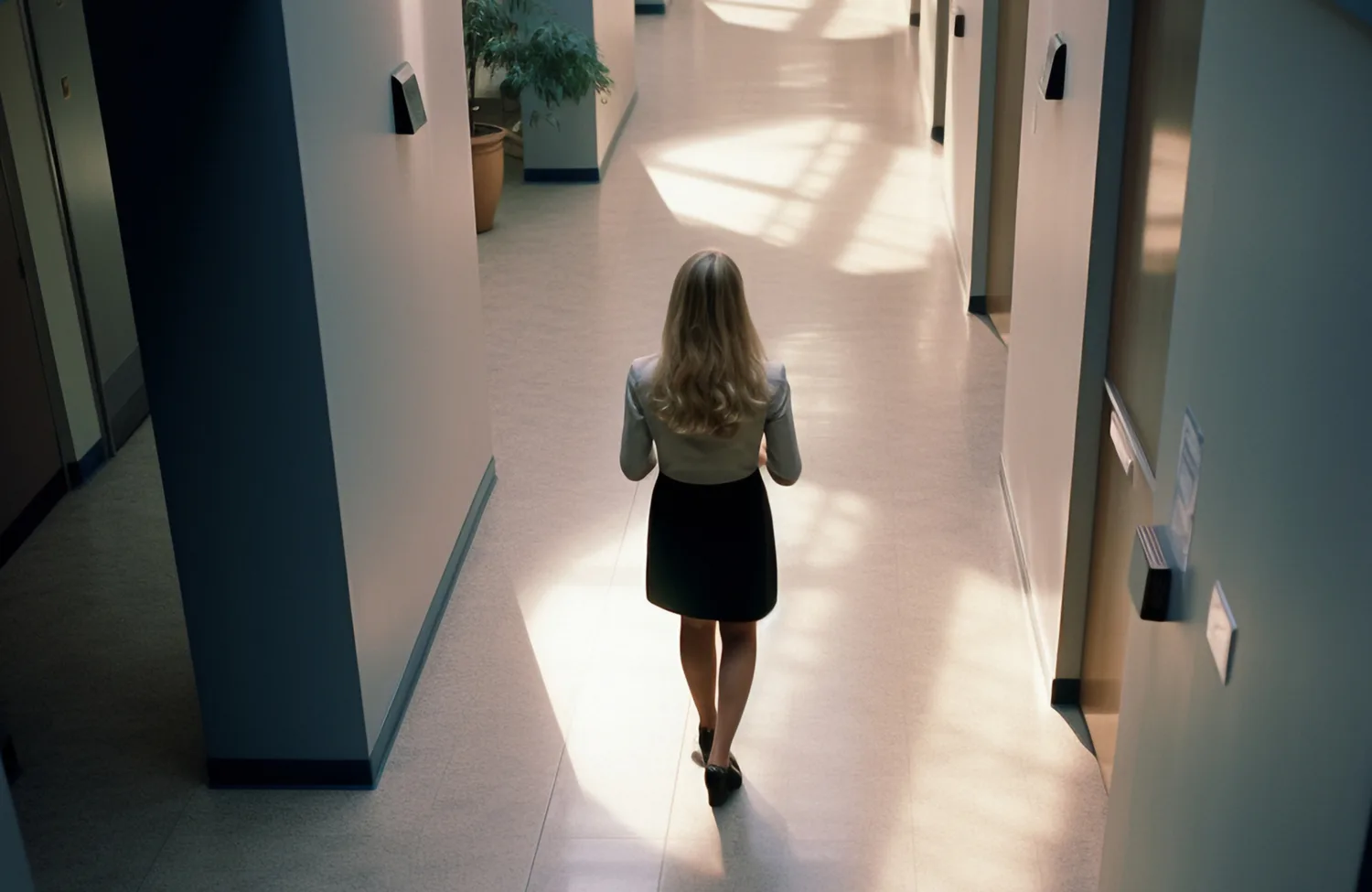 aerial shot of women walking through deserted office