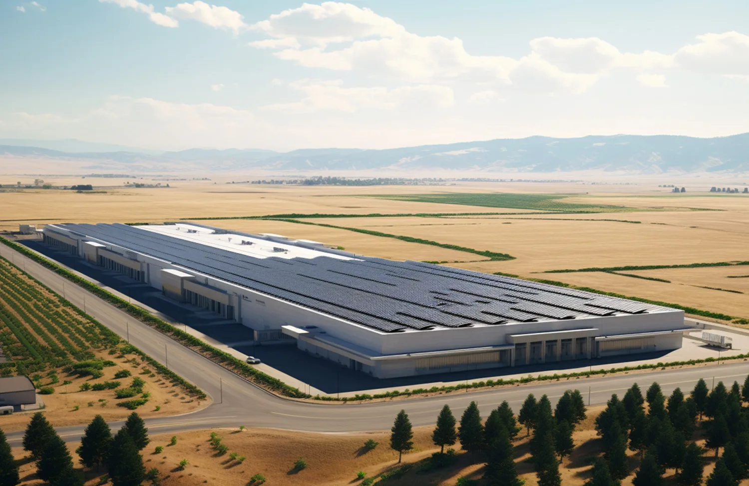 Arial view of a Data centrer in sunshine surrounded by brown fields