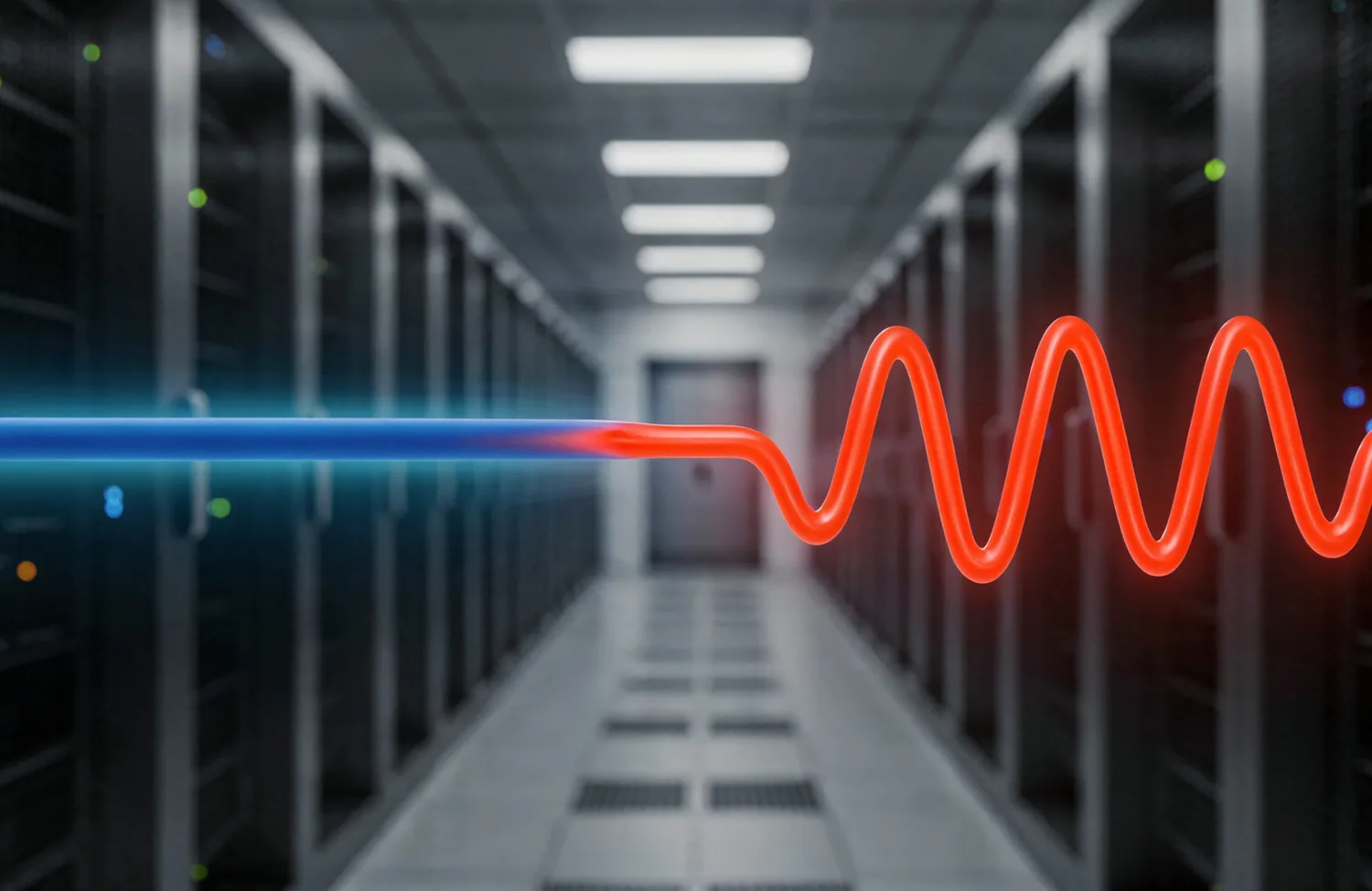 Data centre corridor lined with server racks on both sides, indicator lights visible. A horizontal graphic line runs through the scene, transitioning from straight blue to a red waveform shape, set against the central aisle floor and ceiling lights.