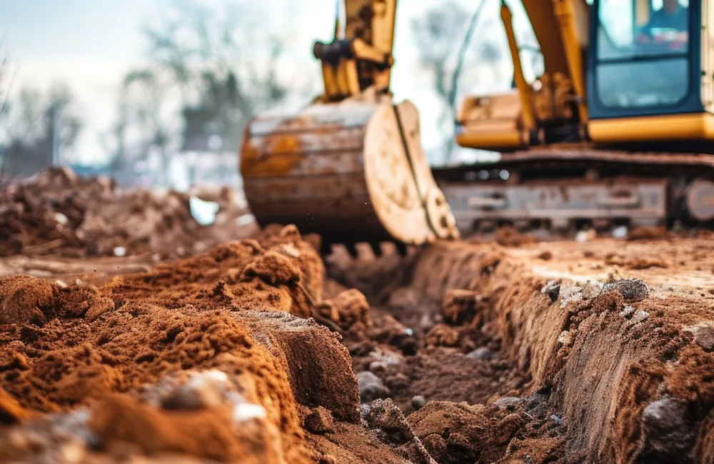 Close-up of a construction site showing a large yellow digger with a metal bucket digging into reddish-brown soil. Deep trenches and loose dirt are visible in the foreground, with blurred trees and equipment in the background.