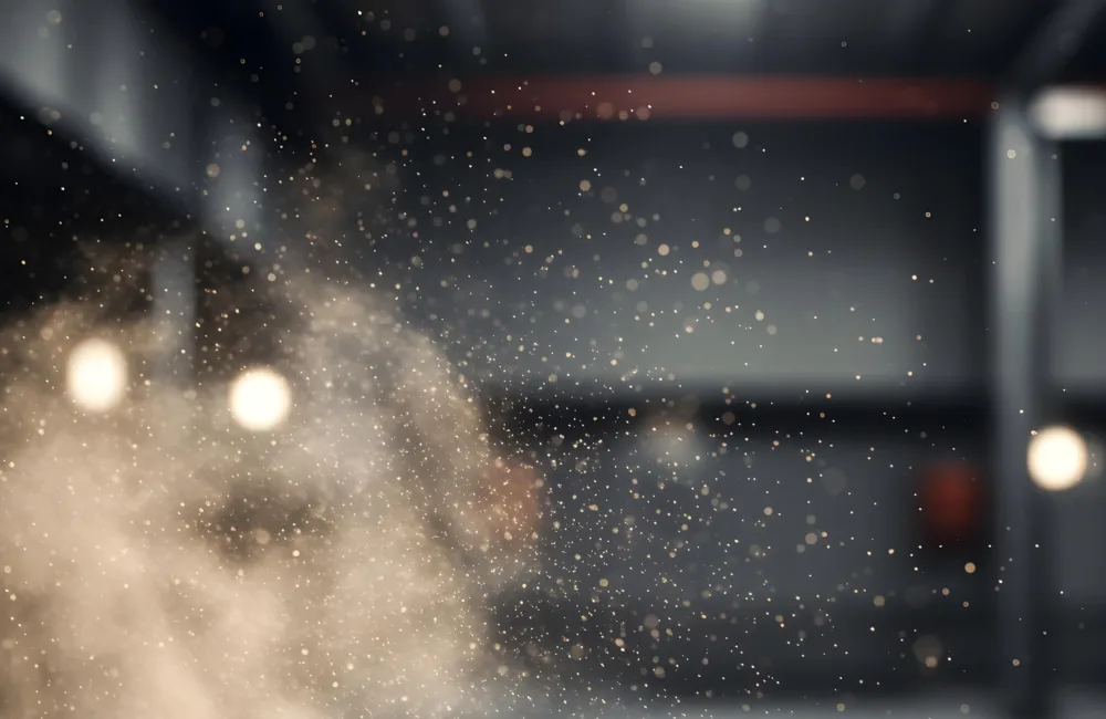 Close‑up of suspended dust particles illuminated against a dark indoor background. Out‑of‑focus round lights appear on the left and right, with structural beams and a shadowed wall visible behind the particles.