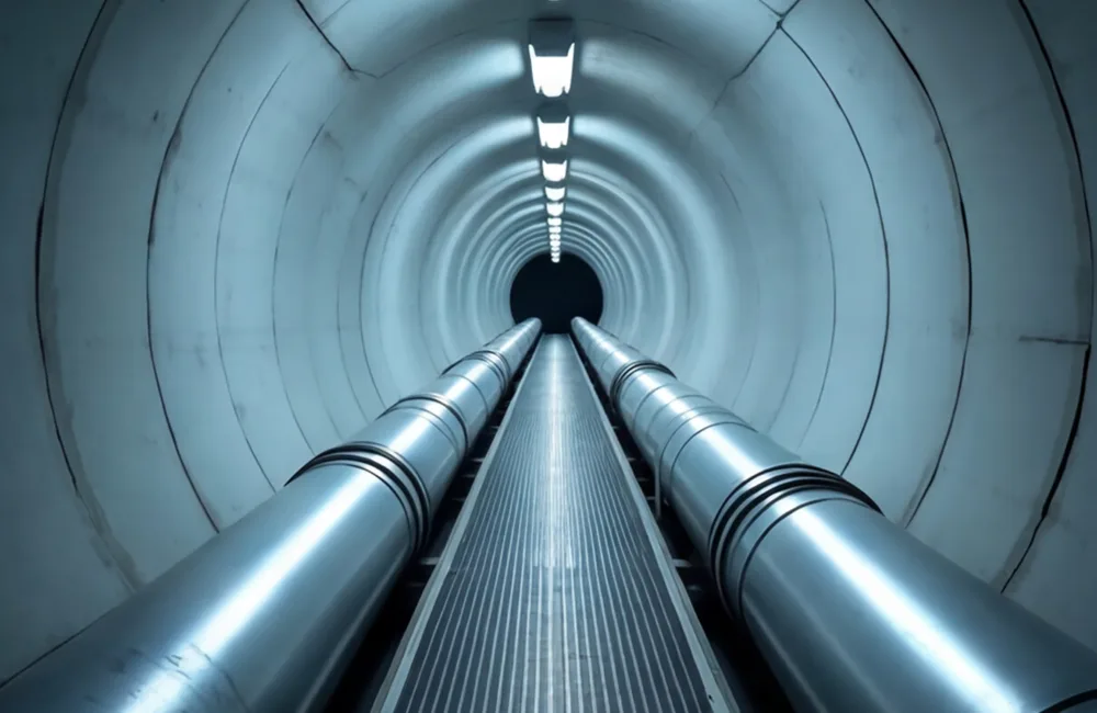 View down a long cylindrical tunnel with smooth segmented walls, illuminated by a row of overhead lights. Two parallel metallic pipes run through the centre toward a dark circular opening in the distance.