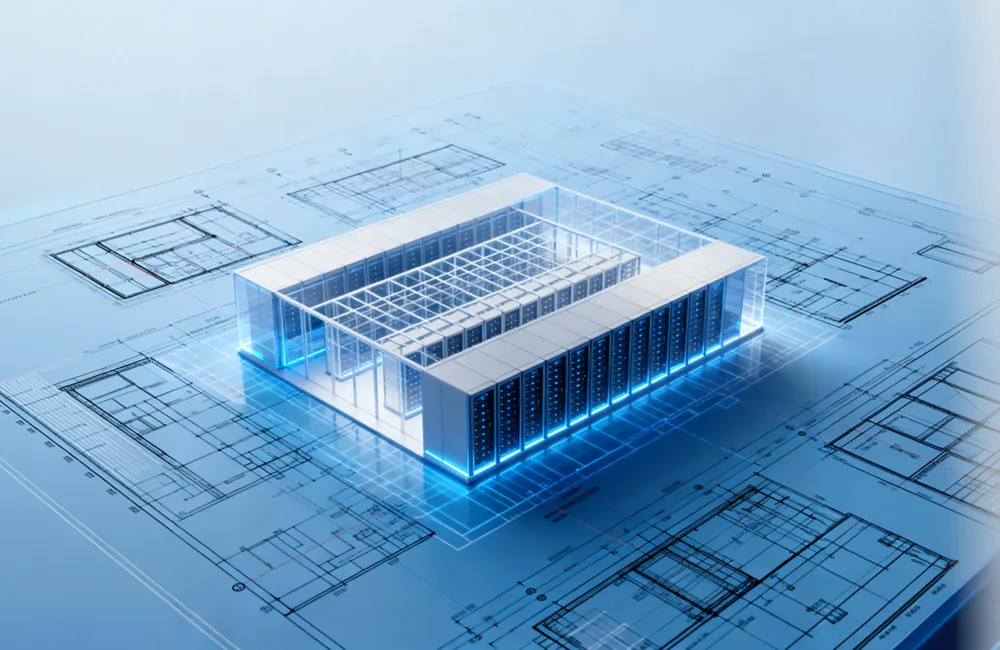 A 3D model of a rectangular building structure with illuminated edges sits on top of detailed architectural blueprints, showing floor plans and technical drawings on a blue background.