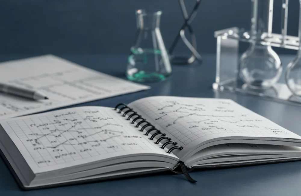 An open spiral‑bound notebook with grid pages displays hand‑drawn chemical structures. Nearby are sheets of paper, a pen, a glass beaker with light‑green liquid, and a rack holding several empty round‑bottom flasks on a lab bench.