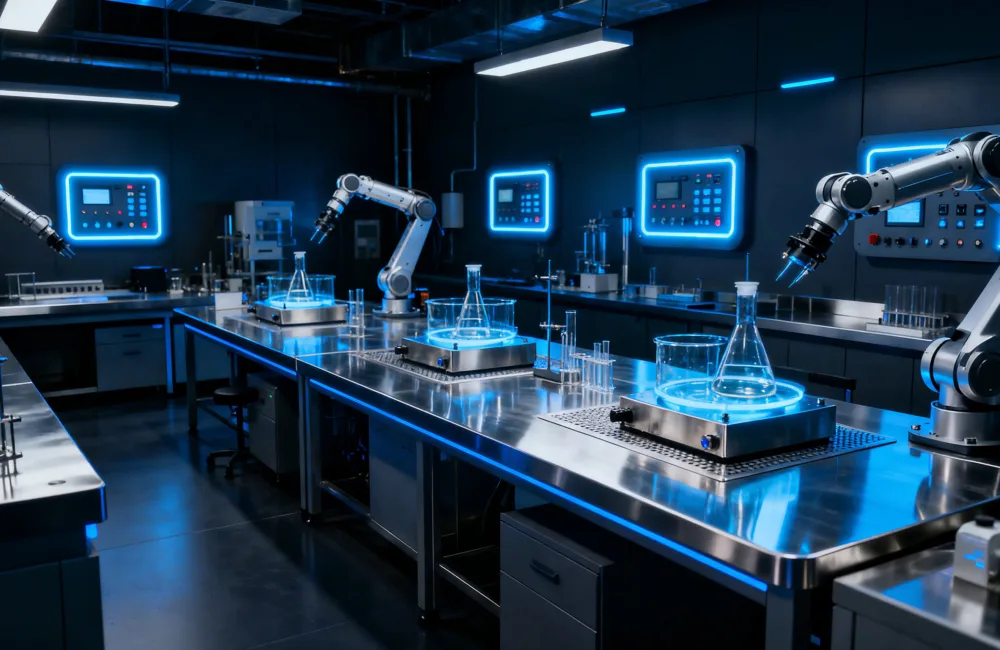 A laboratory with stainless‑steel benches features robotic arms positioned beside glass flasks on illuminated platforms. Wall‑mounted control panels with blue backlit frames line the dark room.