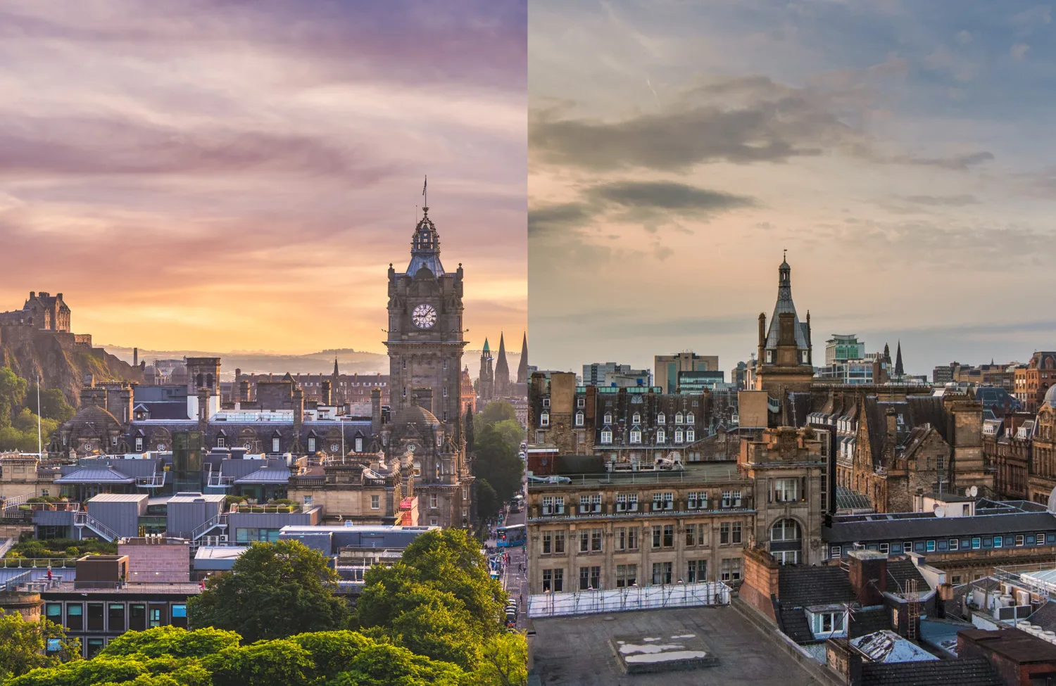 A split cityscape showing historic urban architecture with clock towers, spires, and varied rooftops, set against colourful skies at sunset and dusk, with trees in the foreground and dense buildings throughout.