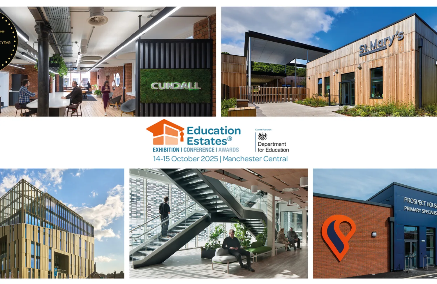 Collage of six images showing modern educational and office buildings, interiors, and signage including “CUNDALL,” “St. Mary’s,” and “Prospect House,” with Education Estates 2025 event details at the centre.