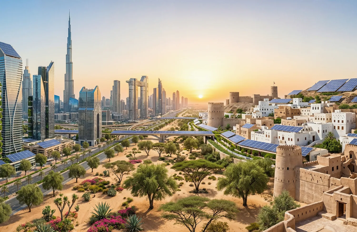 A panoramic view of a futuristic cityscape blending modern skyscrapers with green facades, desert vegetation, traditional-style buildings, solar panels, and elevated transport at sunset.