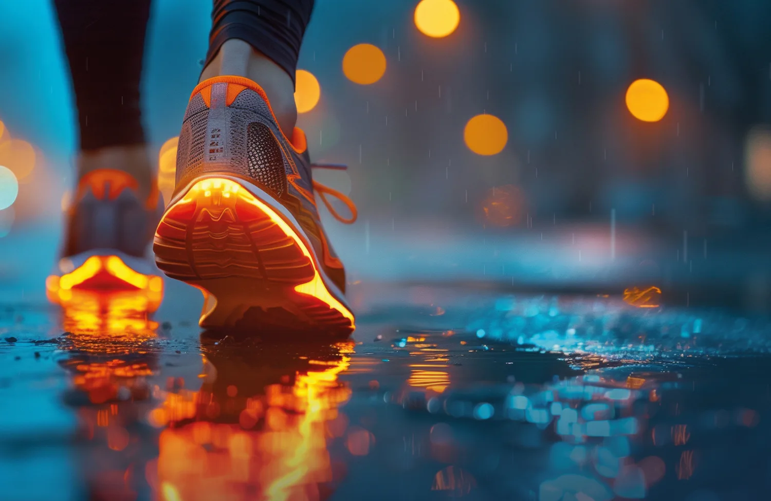 Close up of runners trainers in the rain