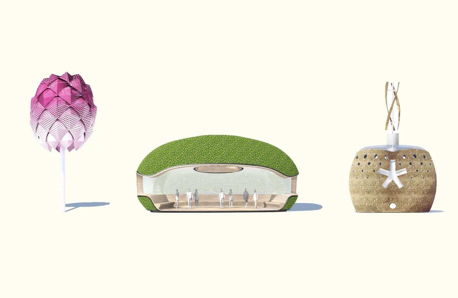 3d illustration of three conceptual building designs: a flower-like structure, a shed with green roof, and a sand-textured cylindrical building.