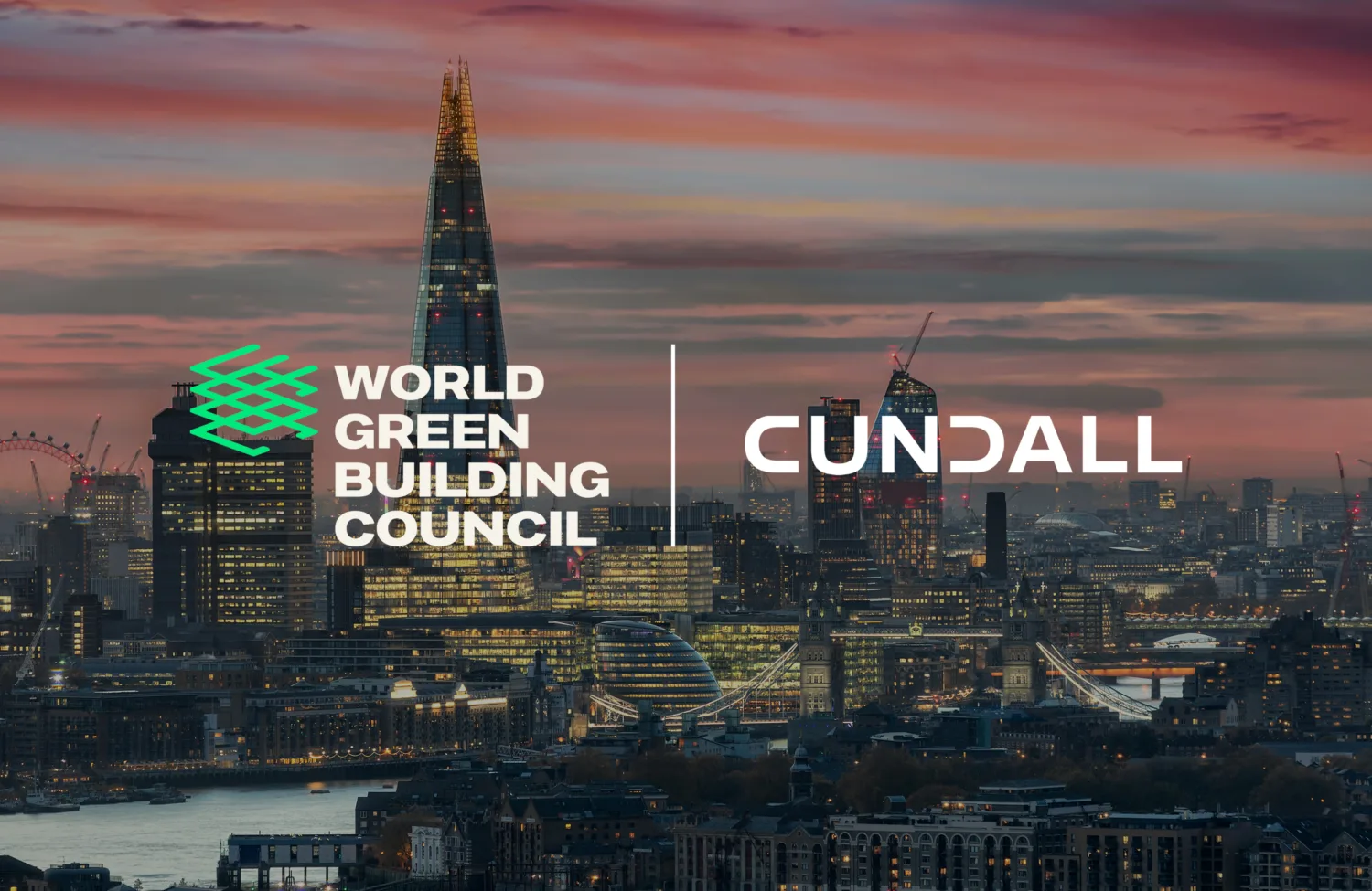 Cityscape of London at sunset with the Shard in the centre and the London Eye to the left. Overlaid logos and text read 'World Green Building Council' and 'Cundall'.
