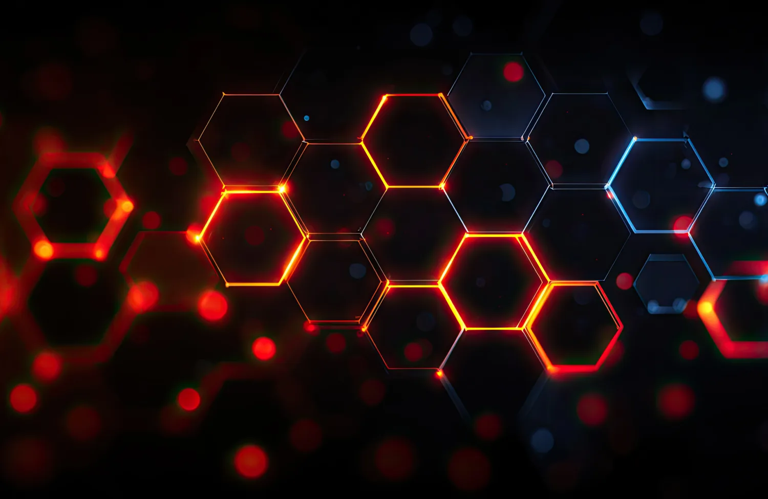 A digital abstract design featuring interconnected glowing hexagons in shades of orange and red on a dark background, with scattered light particles creating a futuristic, high-tech effect.