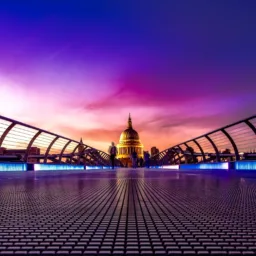 Purple sky over the Millennium Bridge with Saint Pauls Cathedral, London, in the distance