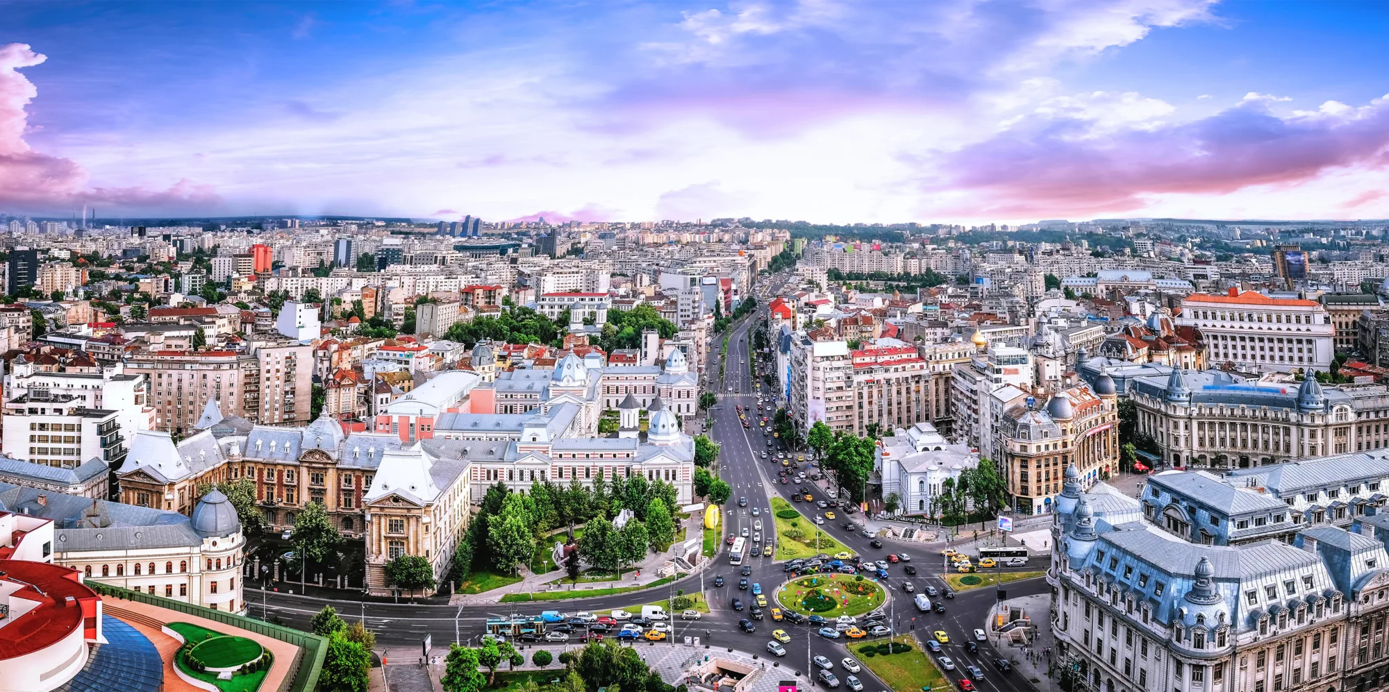 180 Degrees aerial panorama of the capital city of Romania, Bucharest.