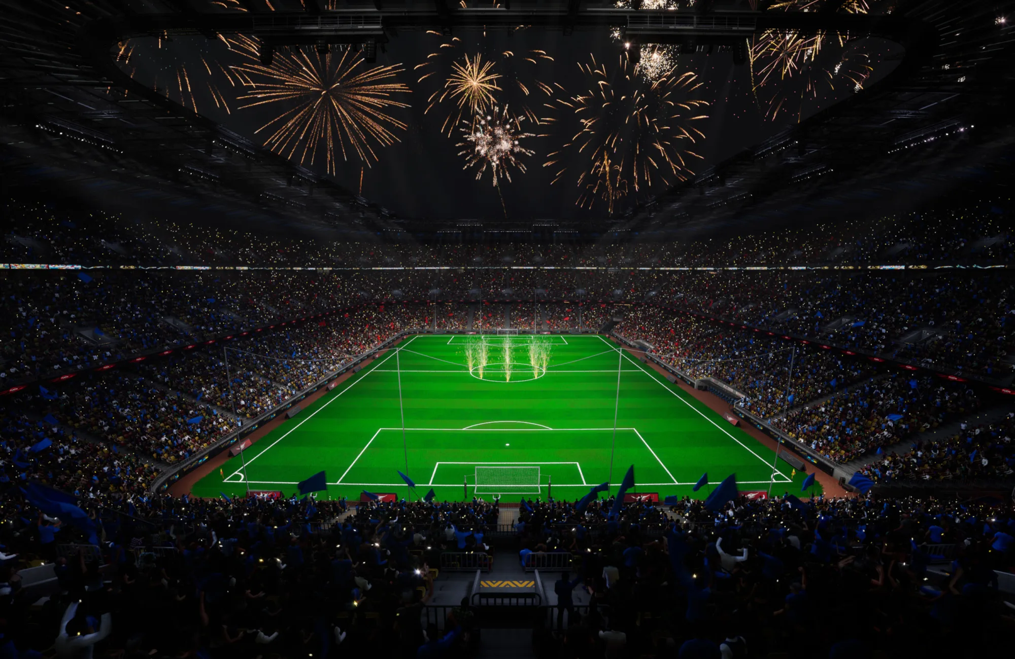 Wide view of a brightly lit football stadium at night with a green pitch in the center, surrounded by packed seating areas. Fireworks are exploding in the dark sky above the stadium, and fans with flags are visible in the foreground.