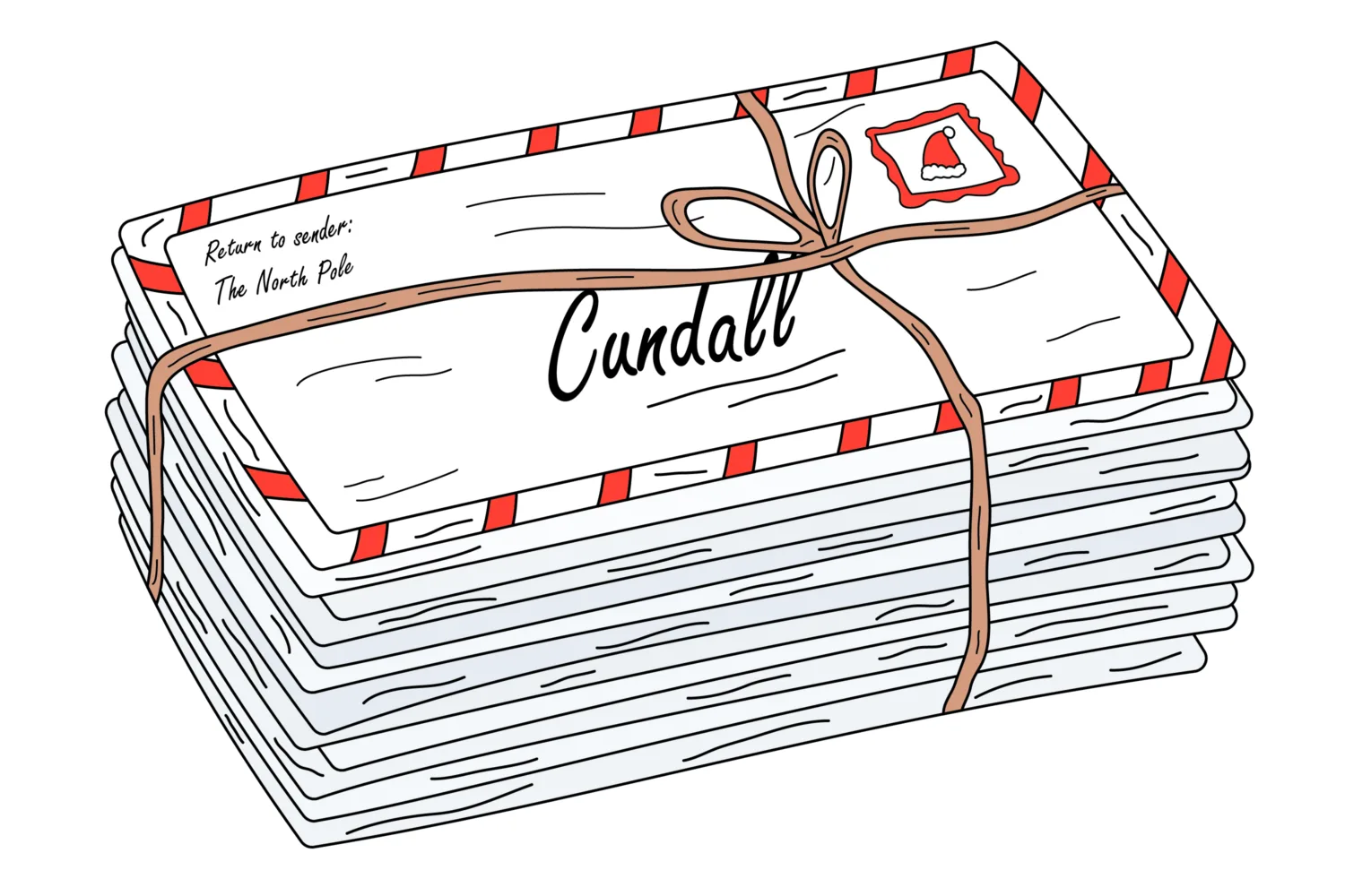 A illustrated bundle of letters, with the top one addressed to Cundall from the North Pole