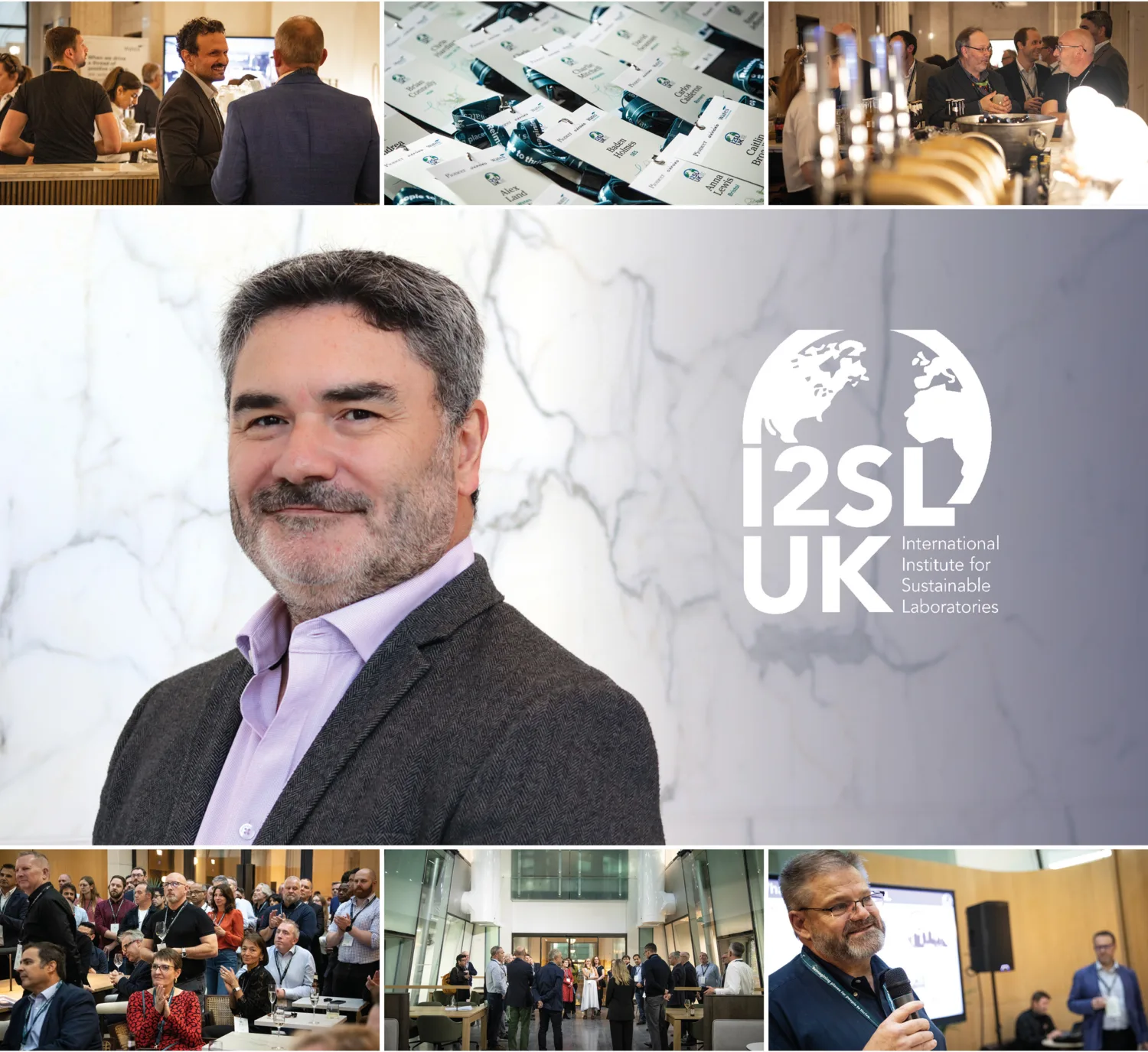 A collage of event images featuring a central photo of a man in a suit with the "I2SL UK International Institute for Sustainable Laboratories" logo on a marble background, surrounded by scenes of networking, name tags, drinks, and group discussions.