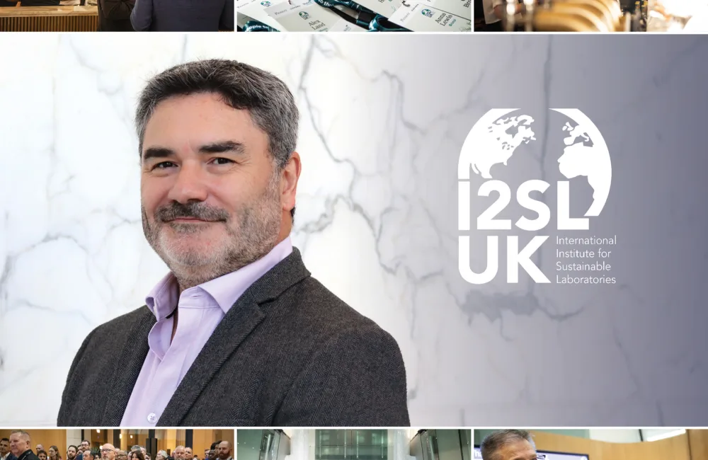 A collage of event images featuring a central photo of a man in a suit with the "I2SL UK International Institute for Sustainable Laboratories" logo on a marble background, surrounded by scenes of networking, name tags, drinks, and group discussions.