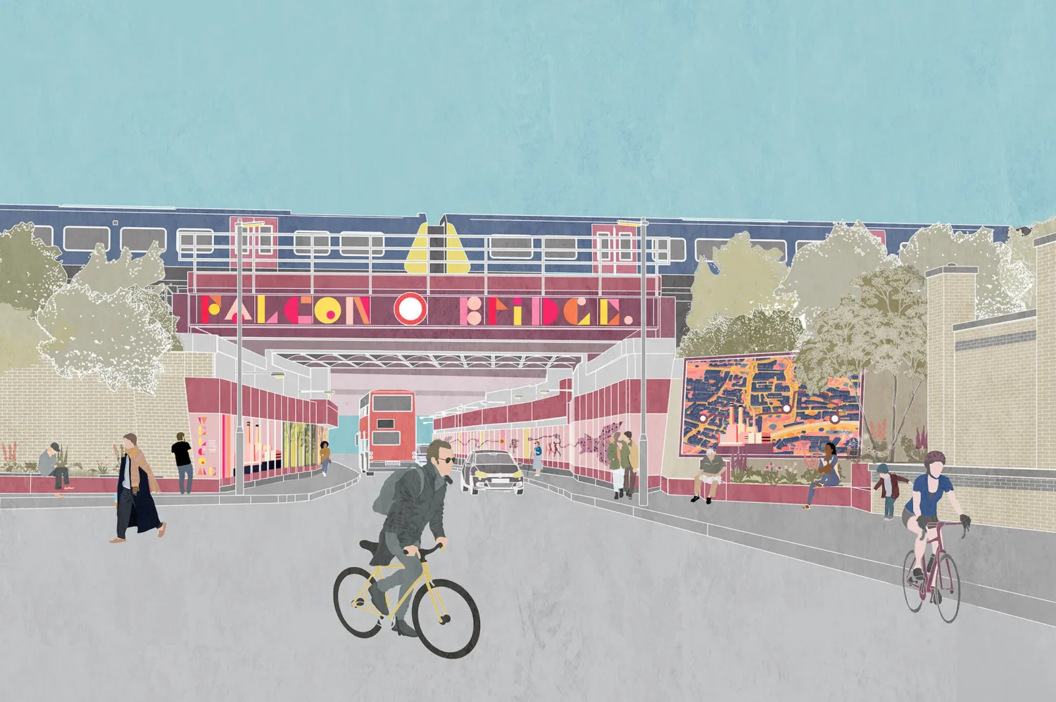 Illustrated representation of Falcon Road rail bridge with pedestrians and cyclists passing under