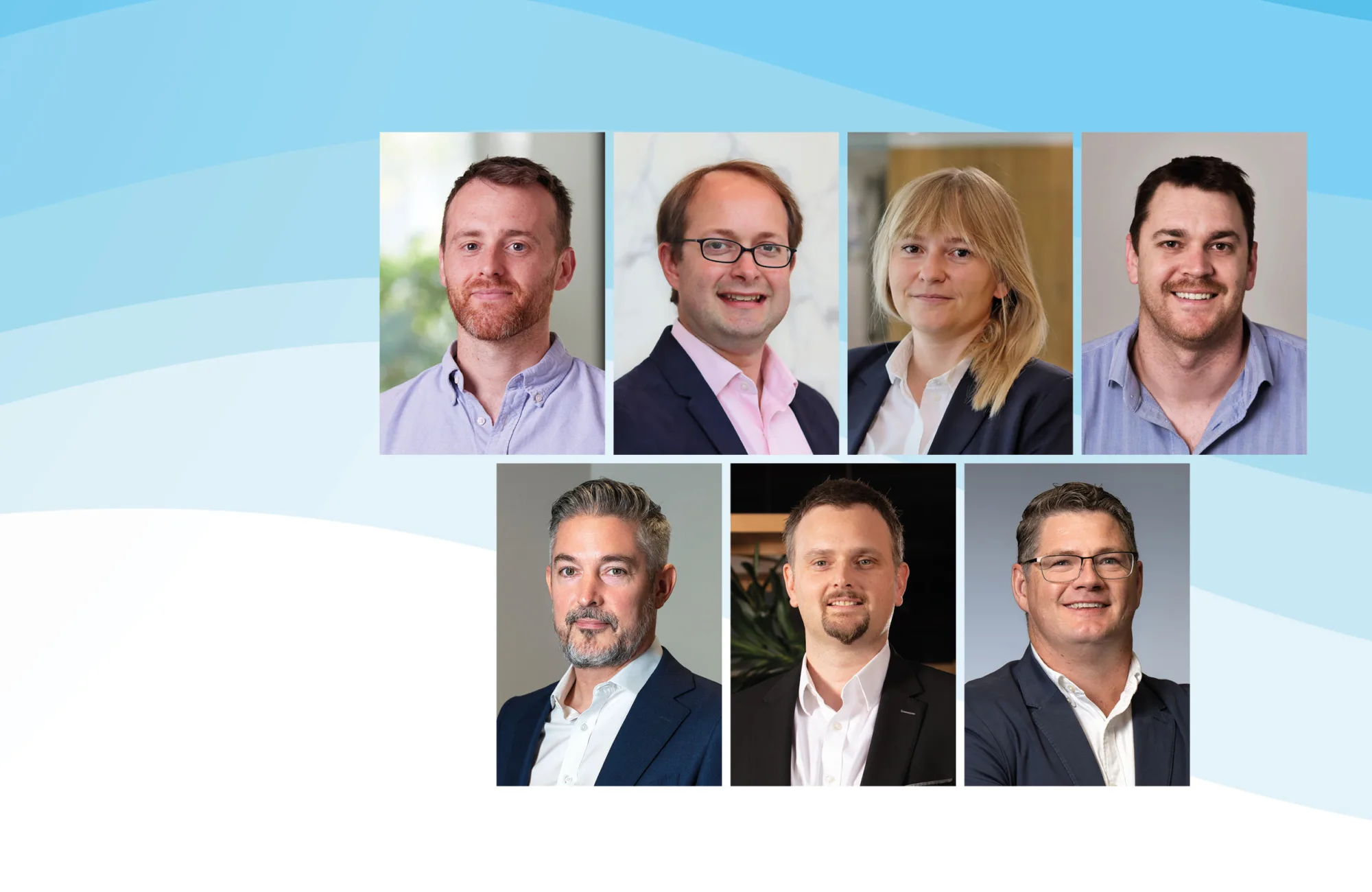 Grid of seven individuals wearing business attire. Background features light blue and white wavy gradient lines.