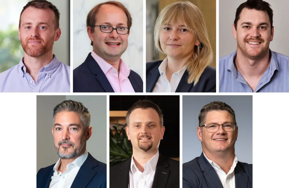 Collage of seven headshots showing individuals in business attire. Backgrounds include office settings and plain walls.