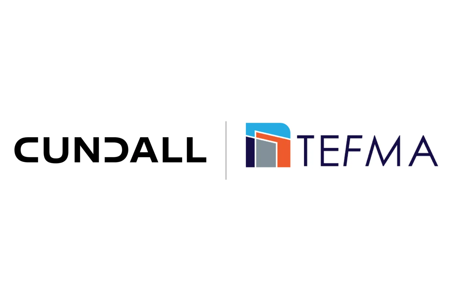 Two logos side by side: "CUNDALL" in bold black uppercase letters on the left, and "TEFMA" in dark blue uppercase letters with blue, orange, and grey graphic shapes on the right.