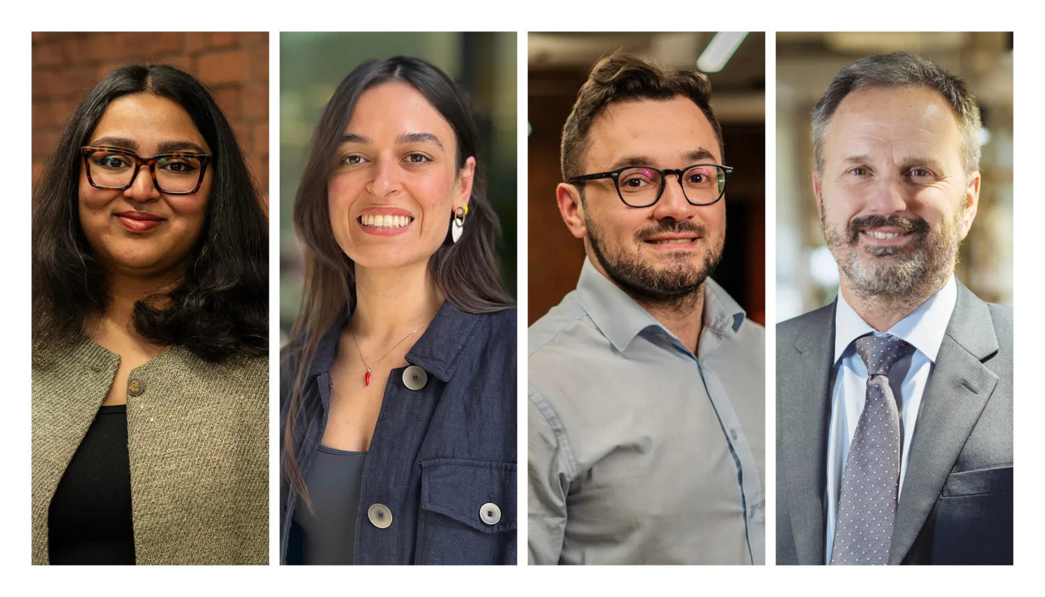 Four individuals shown in separate vertical panels wearing professional attire, reading left to right: Harshini Rajagopal, Lucia Savastano, Theodor Bratosin, Robert van Zyl.