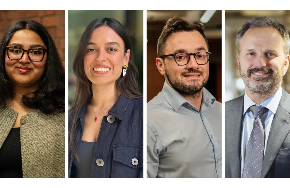 Four individuals shown in separate vertical panels wearing professional attire, reading left to right: Harshini Rajagopal, Lucia Savastano, Theodor Bratosin, Robert van Zyl.