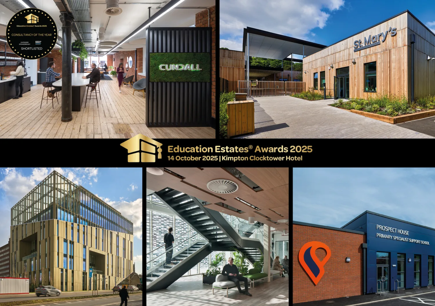 Collage of five images showing modern educational buildings and interiors. Includes office space, St. Mary's exterior, glass-fronted building, and interior with staircase. Text: “Education Estates® Awards 2025…”.